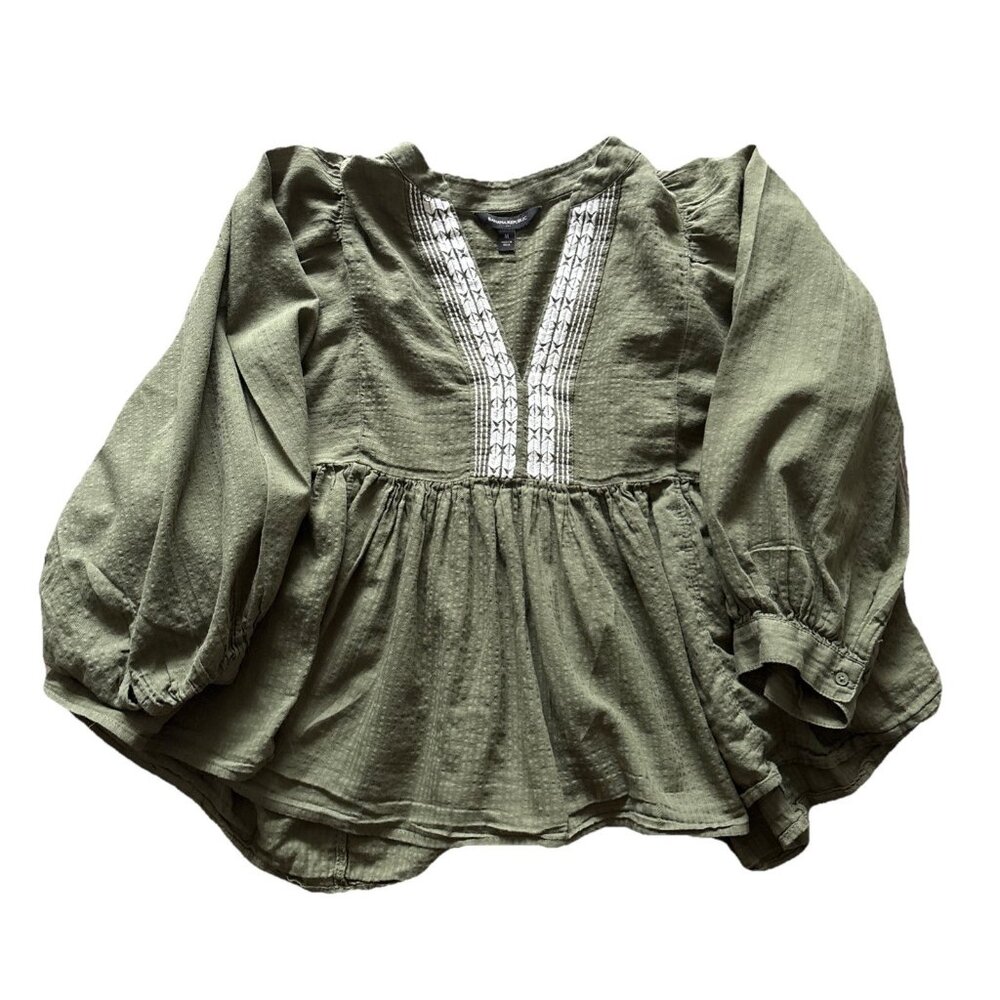 Banana Republic Olive Green Peasant Blouse with White Embroidery